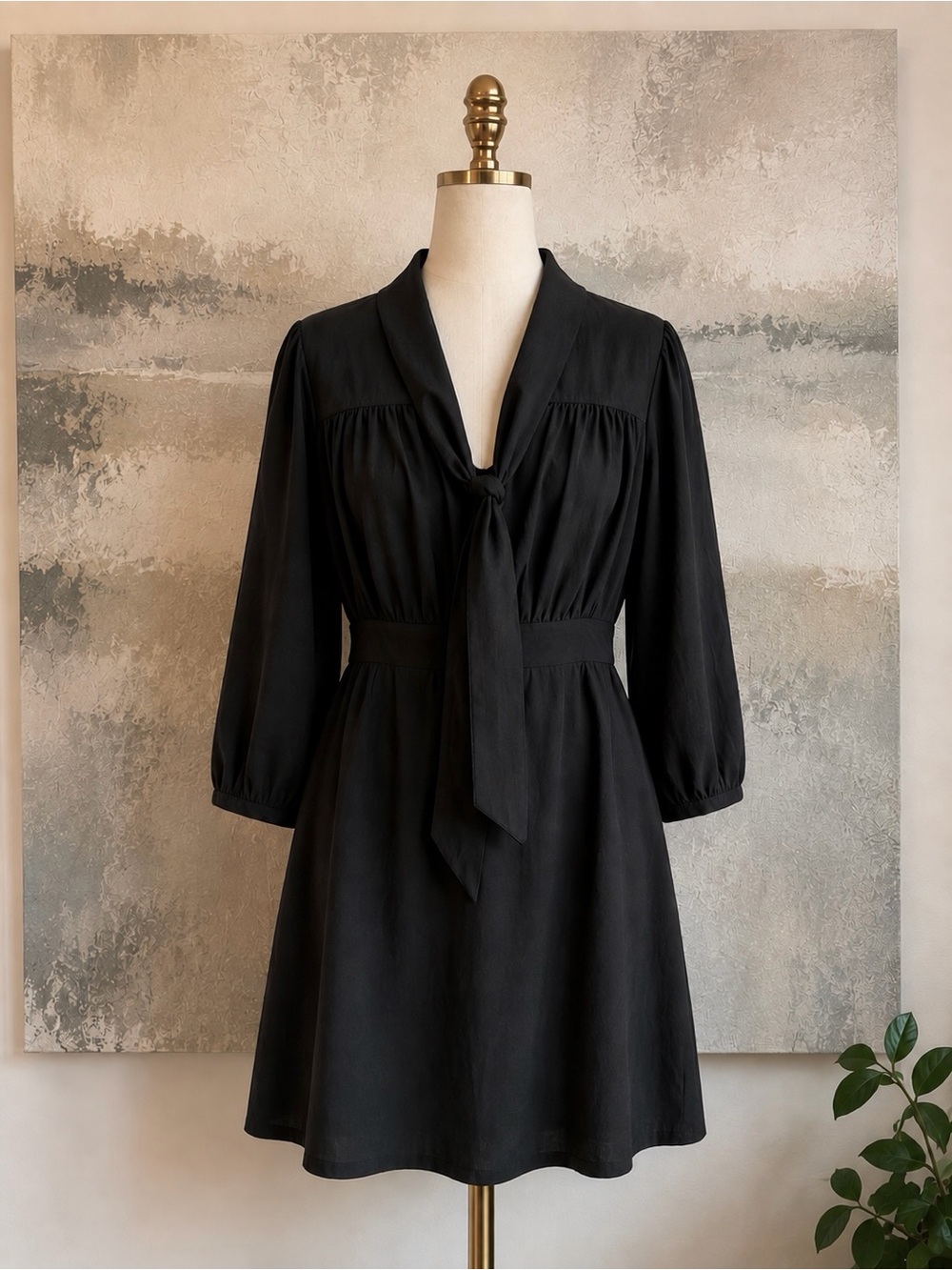 H&M Black Tie Neck Mini Dress Long Sleeve Office Career Cocktail US 10